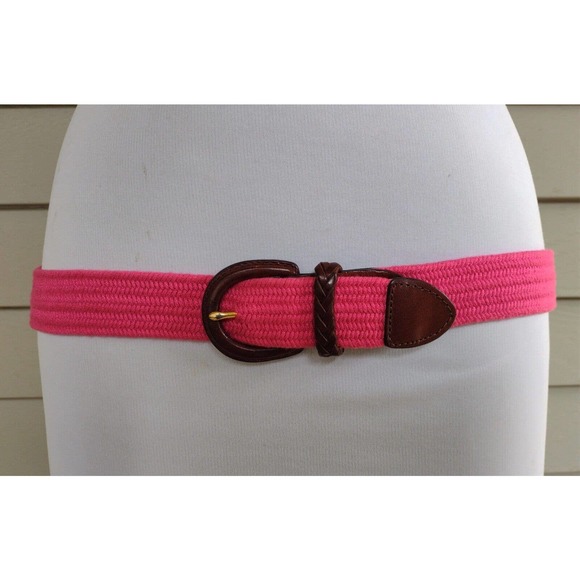 Vintage Talbots Womens Bright Pink & Brown Leather Buckle Stretch Belt M - Picture 1 of 4